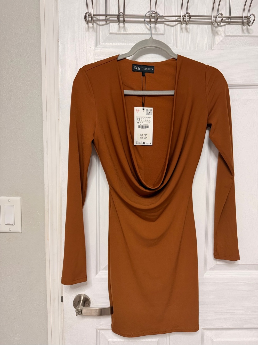Zara Rust Orange Cowl Neck Long Sleeve Dress